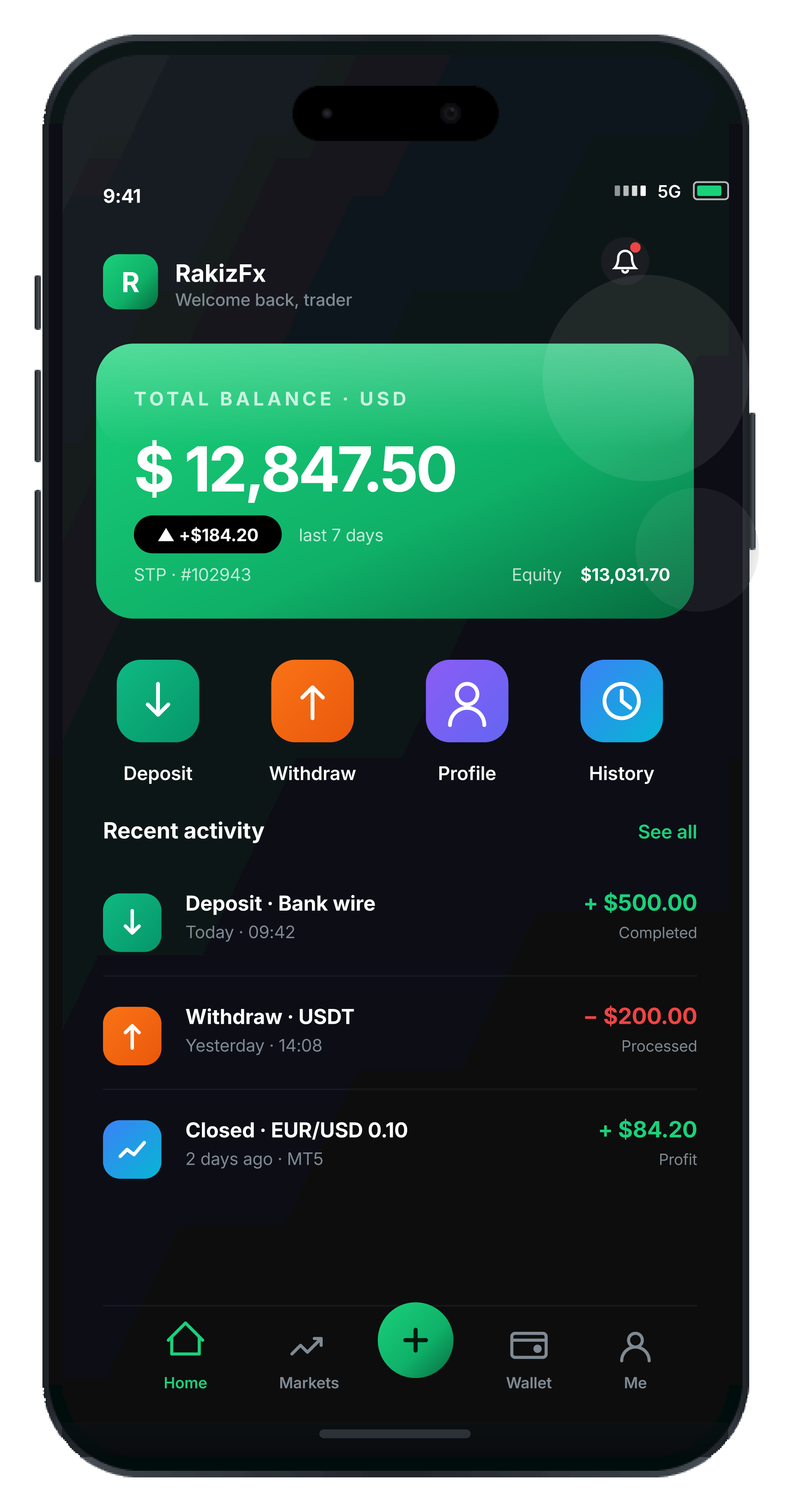 RakizFx التطبيق المصاحب والرصيد والإيداع والسحب والملف الشخصي والتاريخ